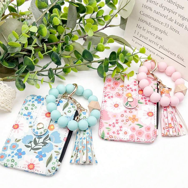 Floral leather small wallet with keychain and bracelet