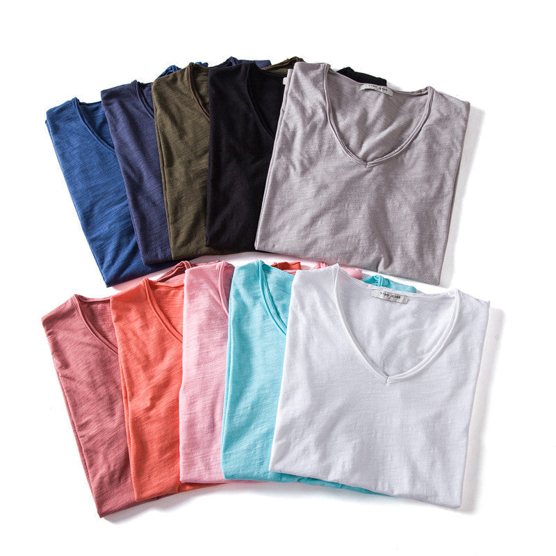 Plain Slub cotton V-neck T-shirt