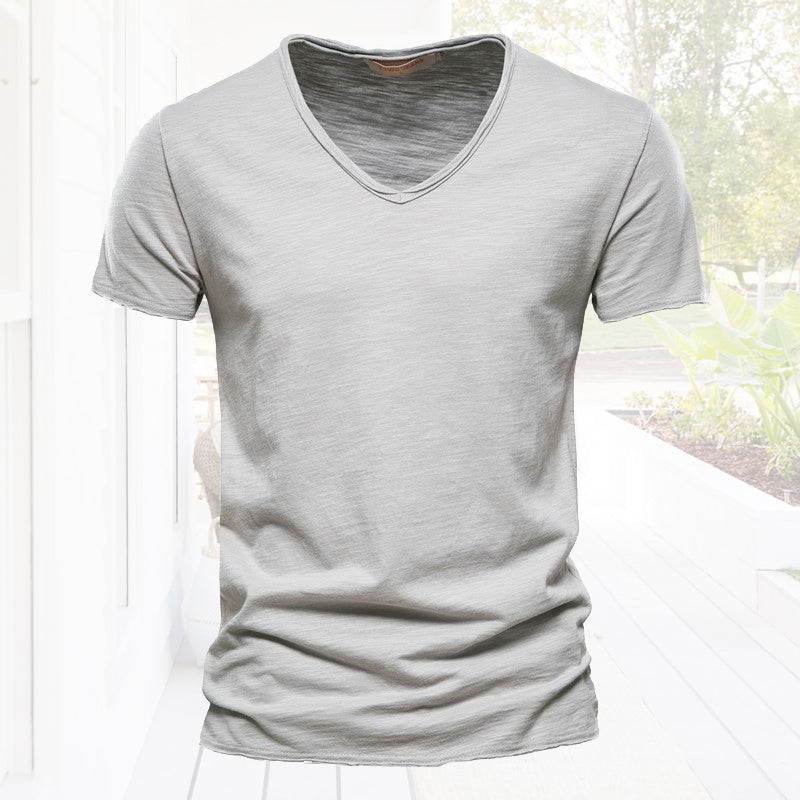 Plain Slub cotton V-neck T-shirt