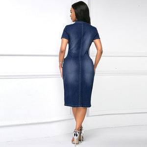 Turndown Collar Button Up Side Pocket Denim Dress